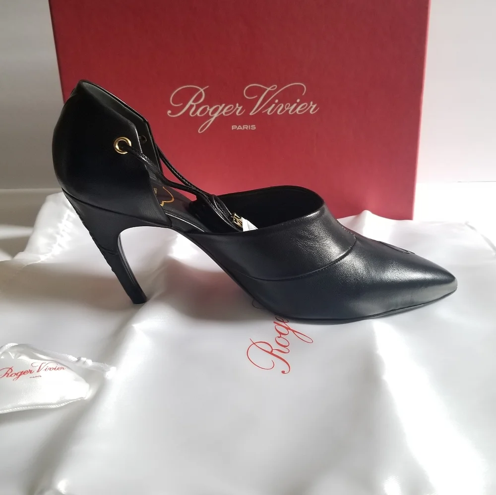 Roger Vivier Logomania Leather Pointed Toe Lace Up Heel Pumps Size 38.5 - Picture 6 of 12